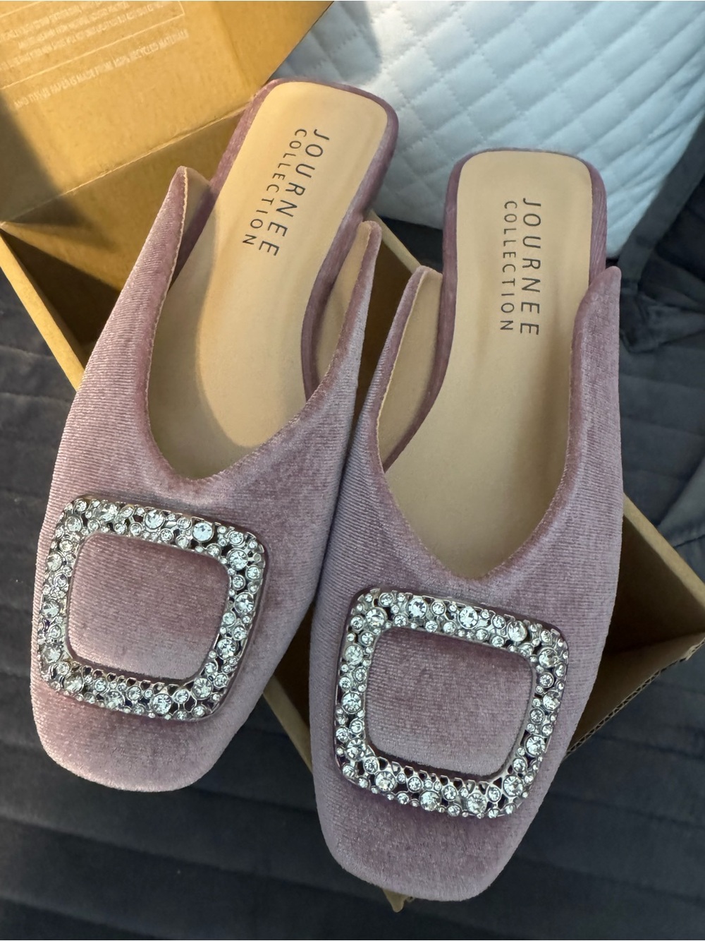 Journee Collection Dusty Pink Velvet Crystal Buckle Slip-On Mules
